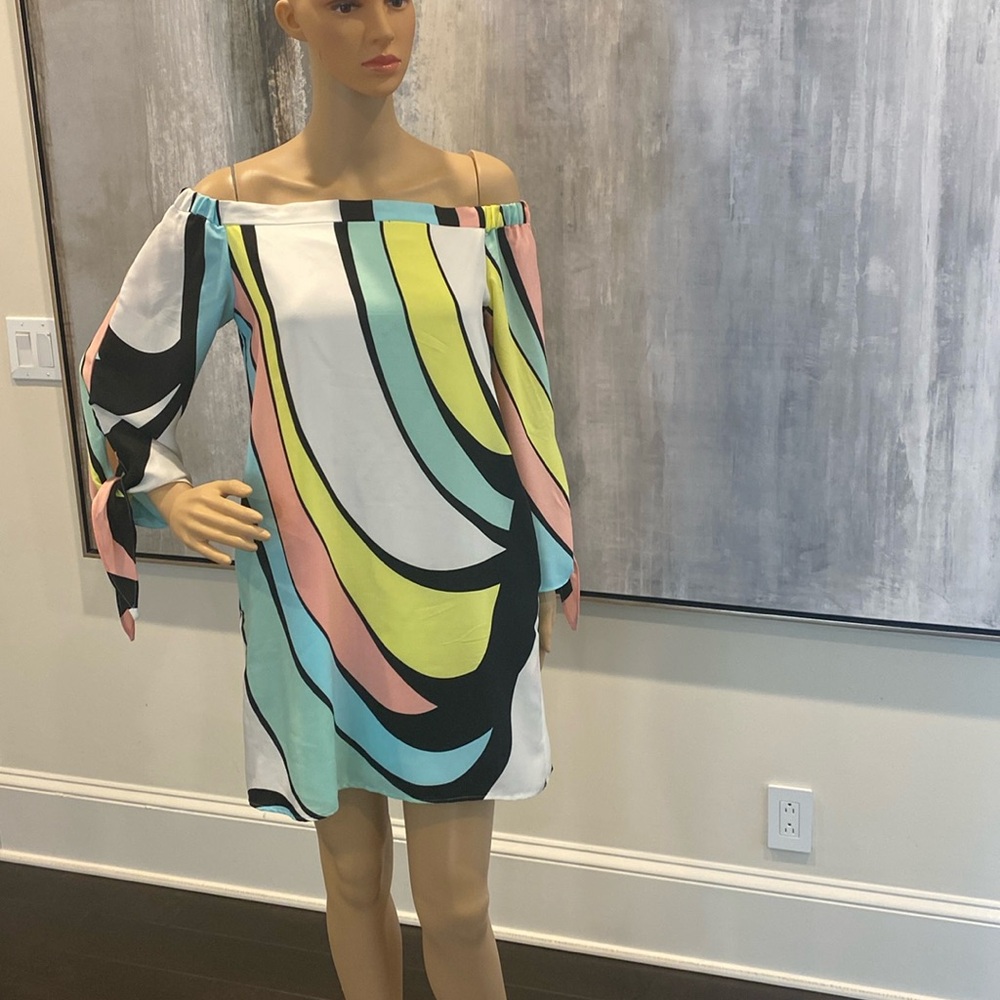 Nicole Miller Strapless Dress with Blue, Yellow, and Pink Swirls